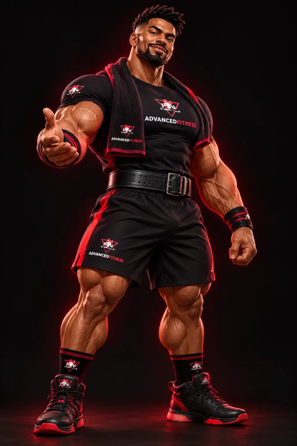 Muscular Advanced Fitness bodybuilder wearing a lifting belt and black and red apparel.