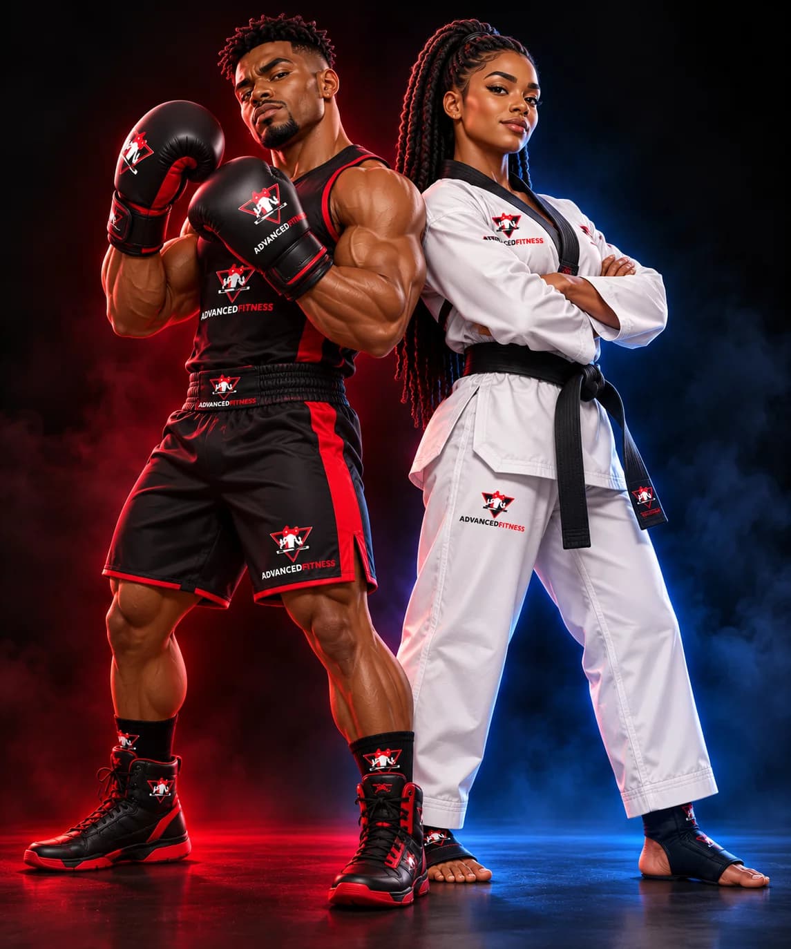 Advanced Fitness boxer and Taekwondo black belt posed together in red and blue light.