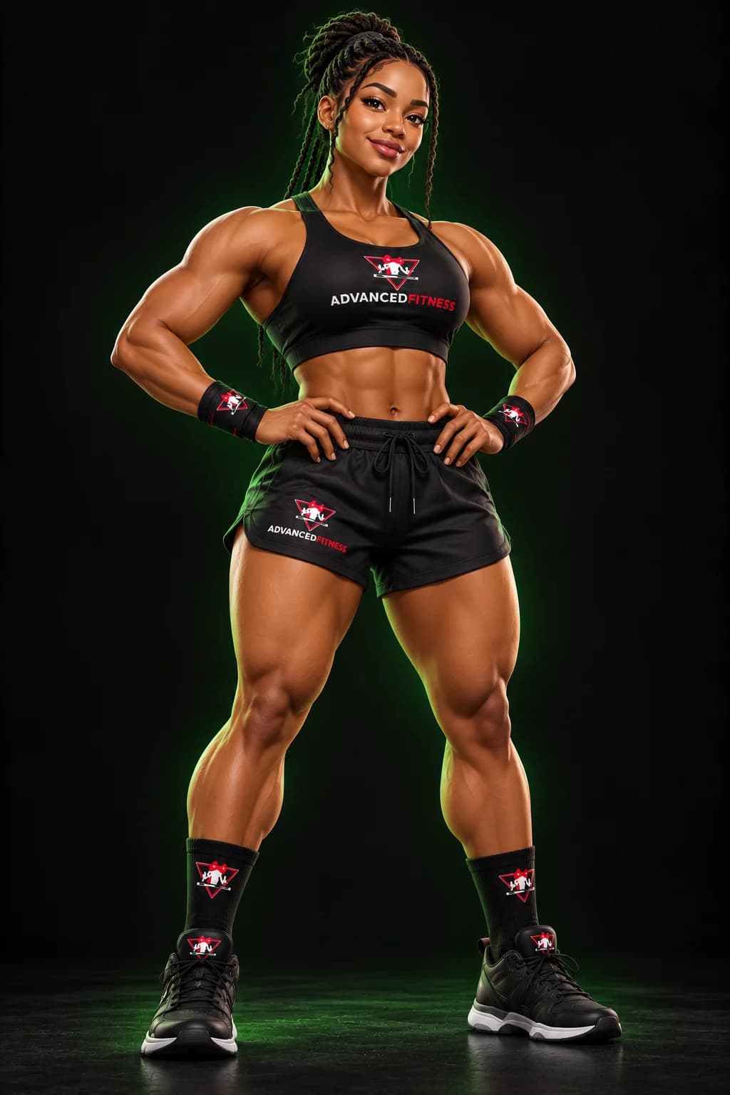 Powerful female Advanced Fitness athlete in black training apparel with green lighting.