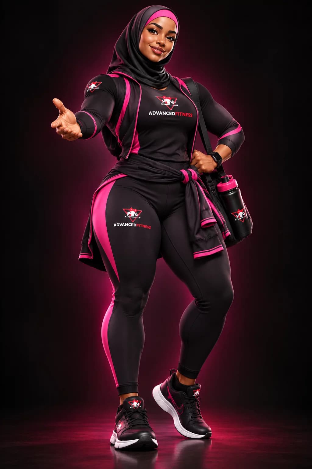 Confident female Advanced Fitness athlete in black and magenta training apparel.