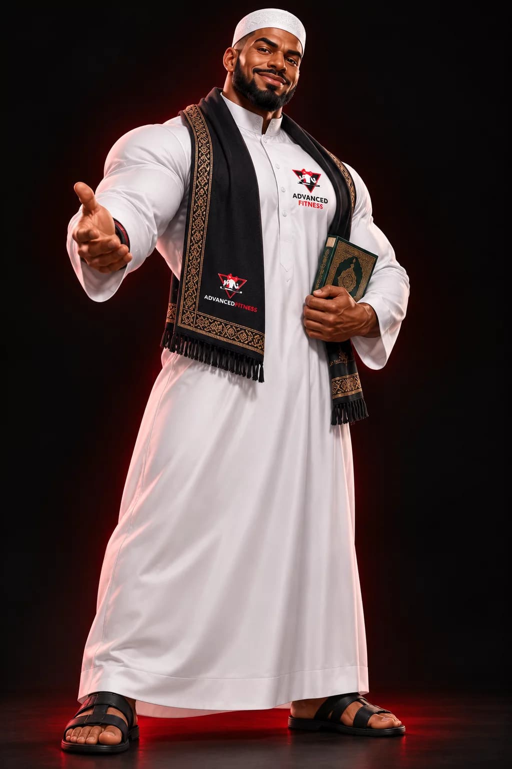 Welcoming Muslim Advanced Fitness ambassador in Islamic clothing holding a Quran.