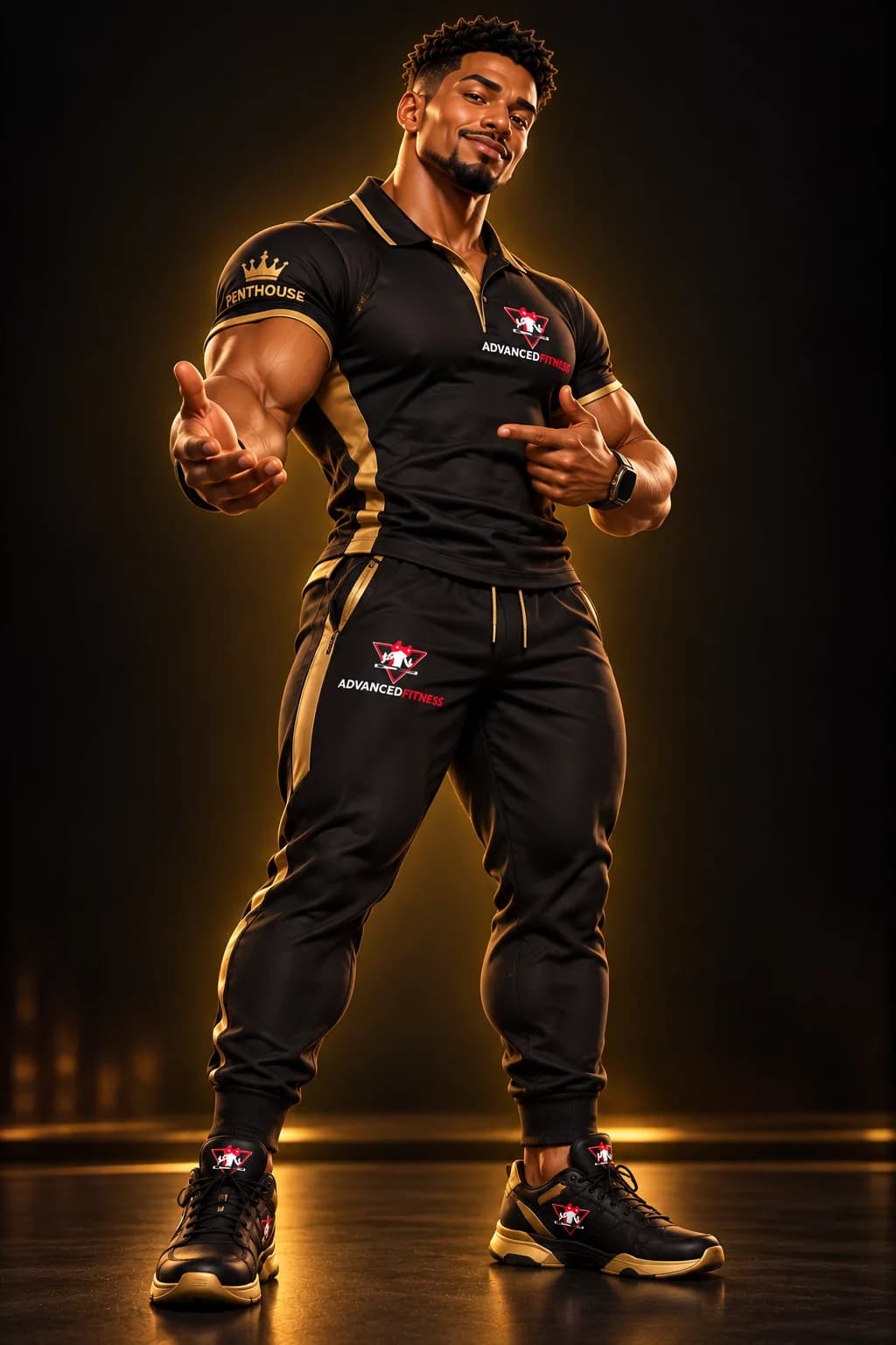 Premium Advanced Fitness penthouse ambassador in black and gold training apparel.