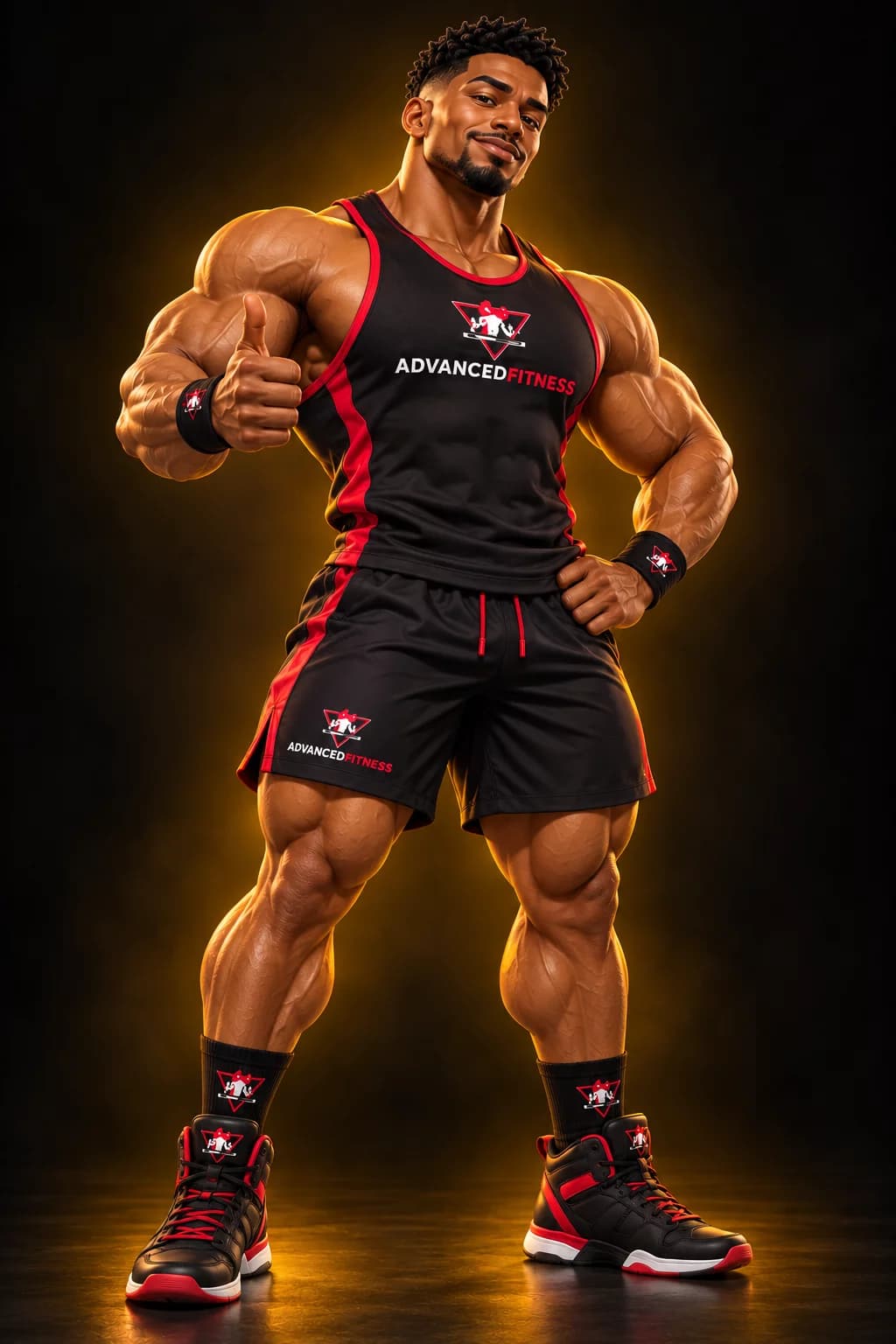 Muscular Advanced Fitness VIP weightlifter in black and red training apparel.